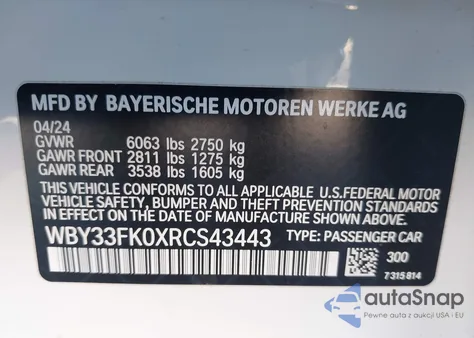 2024 BMW I5 Edrive40 z USA, uszkodzony, nr VIN WBY33FK0XRCS43443